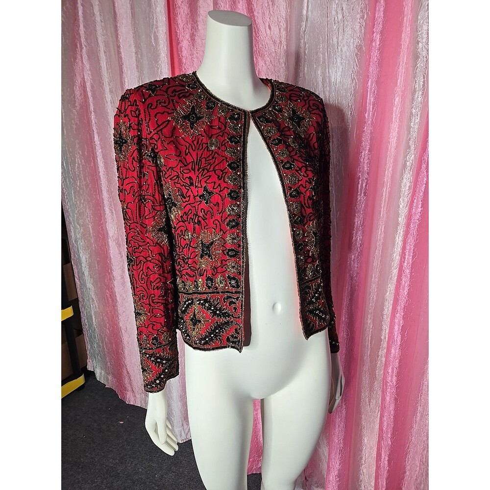 Vintage Adrianna Papell Red Silk Exquisite Beaded Evening Jacket Size 8 - Picture 11 of 16